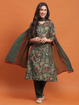 Shree - Women Muslin Green Floral Print Kurta Trousers Dupatta (Set of 3)