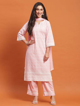 Shree - Women Liva Rayon Pink Embroidered Kurta Comfort Pants Dupatta (Set of 3)