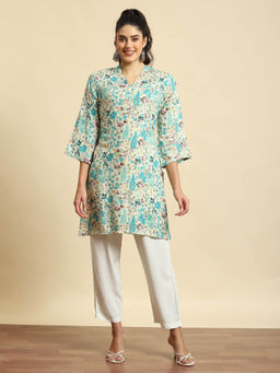 Shree - Women Liva Rayon Blue Floral Print Kurti