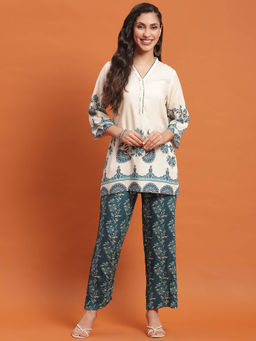 Shree - Women Liva Rayon Cream Ornamental Print Co-Ord Tunic & Pants (Set of 2)