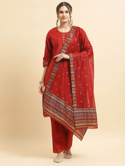 Shree - Women Poly Silk Red Jacquard Kurta Comfort Pants Dupatta (Set of 3)