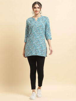 Shree - Women Liva Rayon Blue Floral Print Kurti
