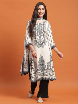 Shree - Women Liva Rayon White Floral Print Kurta Comfort Pants Dupatta (Set of 3)