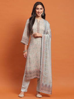 Shree - Women Liva Rayon Blue Ornamental Print Kurta Trousers Dupatta (Set of 3)