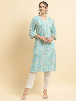 Shree - Women Liva Rayon Blue Floral Print Kurta