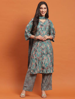 Shree - Women Viscose Teal Abstract Print Kurta Comfort Pants Dupatta (Set of 3)