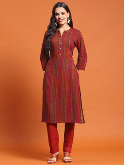 Shree - Women Liva Rayon Maroon Stripe Print Kurta
