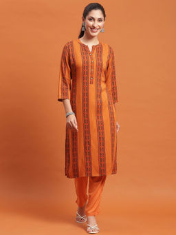 Shree - Women Liva Rayon Rust Stripe Print Kurta