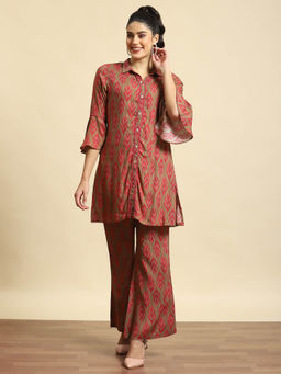Shree - Women Liva Rayon Brown Ikat Print Co-Ord Tunic & Pants (Set of 2)