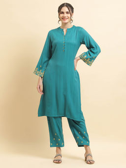 Shree - Women Poly Viscose Green Embroidered Kurta with Comfort Pants (Set of 2)