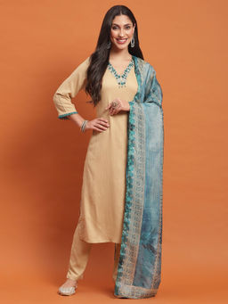 Shree - Women Poly Viscose Beige Embroidered Kurta Trousers Dupatta (Set of 3)