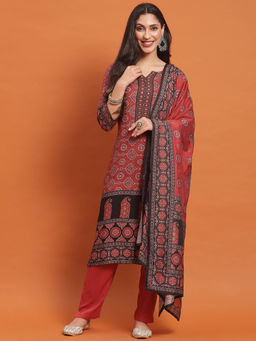 Shree - Women Liva Rayon Maroon Ornamental Print Kurta Trousers Dupatta (Set of 3)