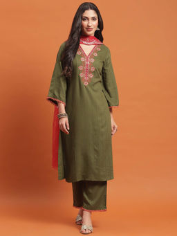 Shree - Women Poly Viscose Olive Embroidered Kurta Comfort Pants Dupatta (Set of 3)