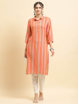 Shree - Women Liva Rayon Orange Stripe Print Kurta