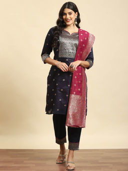 Shree - Women Chanderi Navy Blue Woven Kurta Trousers Dupatta (Set of 3)