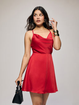Twenty Dresses by Nykaa Fashion - Red Satin Cowl Neck With Criss Cross Back Strap Mini Dress