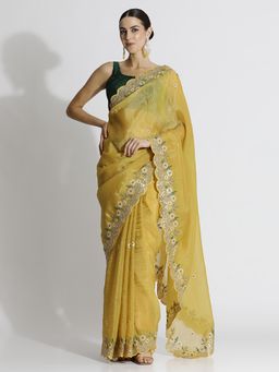 Jaipur Kurti - Yellow Art Silk Floral Embroidered Festive Saree with Unstitched Blouse