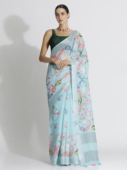 Jaipur Kurti - Turquoise Pichwai Printed Daily Wear Pure Linen Saree with Unstitched Blouse