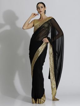 Jaipur Kurti - Black Sequin Embroidered Georgette Party Wear Black Saree with Unstitched Blouse