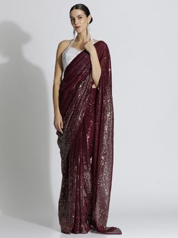 Jaipur Kurti - Wine Sequin Embroidered Party Wear Tissue Saree with Unstitched Blouse