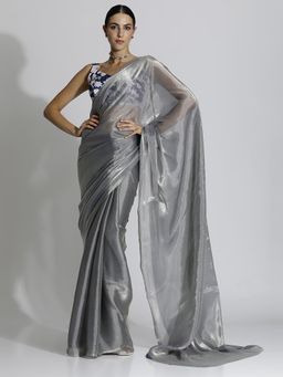 Jaipur Kurti - Grey Festive Tissue Solid Saree with Unstitched Blouse