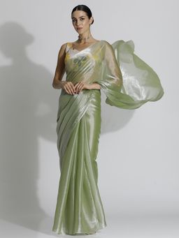 Jaipur Kurti - Green Festive Tissue Solid Saree with Unstitched Blouse