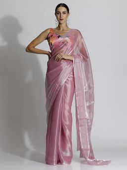Jaipur Kurti - Pink Festive Tissue Solid Saree with Unstitched Blouse