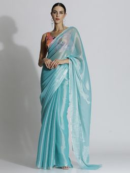 Jaipur Kurti - Blue Festive Tissue Solid Saree with Unstitched Blouse