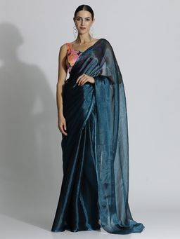 Jaipur Kurti - Teal Festive Tissue Solid Saree with Unstitched Blouse