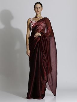 Jaipur Kurti - Maroon Festive Tissue Solid Saree with Unstitched Blouse