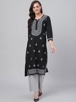 ADA - Hand Embroidered Black Cotton Lucknow Chikan Kurta (XS) (A396432)