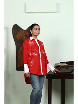 IMROZ HOUSE - White Collar and Cuffs with Handwork Red Shirt