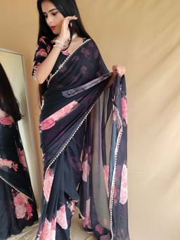 LooknBook Art - Black Georgette Floral Printed Pearl Lace Border Saree with Unstitched Blouse