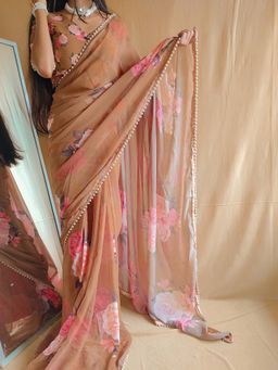 LooknBook Art - Brown Georgette Floral Printed Pearl Lace Border Saree with Unstitched Blouse
