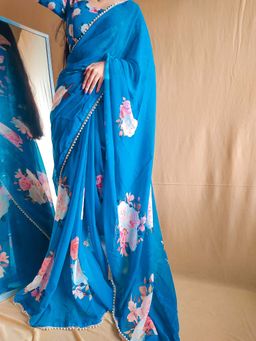 LooknBook Art - Blue Georgette Floral Printed Pearl Lace Border Saree with Unstitched Blouse
