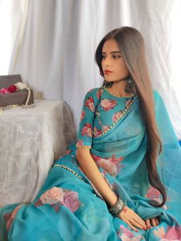 LooknBook Art - Teal Georgette Floral Printed Pearl Lace Border Saree with Unstitched Blouse