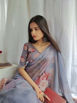 LooknBook Art - Grey Georgette Floral Printed Pearl Lace Border Saree with Unstitched Blouse