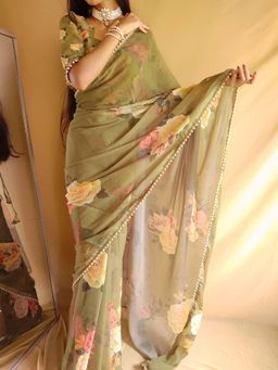 LooknBook Art - Olive Georgette Floral Printed Pearl Lace Border Saree with Unstitched Blouse