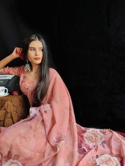 LooknBook Art - Peach Georgette Floral Printed Pearl Lace Border Saree with Unstitched Blouse