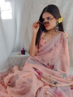 LooknBook Art - Light Peach Georgette Floral Printed Pearl Lace Border Saree with Unstitched Blouse