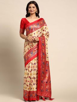 LooknBook Art - Beige Silk Blend Patola Pathani Printed Saree with Unstitched Blouse