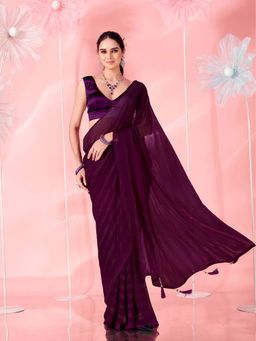 Tikhi Imli - Wine Embellished Satin Saree with Unstitched Blouse