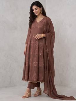 Gajra Gang - Women Brown Embroidered Cotton Mul Anarkali Kurta and Pant With Dupatta