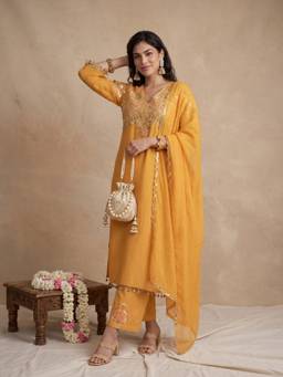 Gajra Gang - Women Mustard Heavy Yoke Embroidered Mul Chanderi Kurta and Pant With Dupatta
