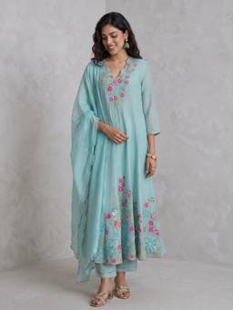 Gajra Gang - Women Sky Blue Embroidered Mul Chanderi Anarkali Kurta With Pant & Dupatta