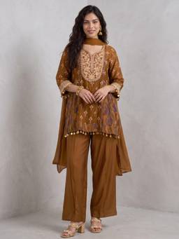 Gajra Gang - Women Brown Printed Natural Crepe Embellished Short Kurta and Pant with Dupatta