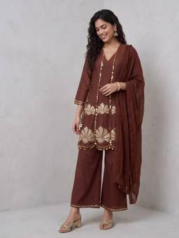 Gajra Gang - Women Brown Mul Chanderi Embroidered Short Kurta and Pant With Dupatta