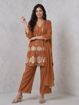 Gajra Gang - Women Light Brown Mul Chanderi Embroidered Short Kurta and Pant With Dupatta