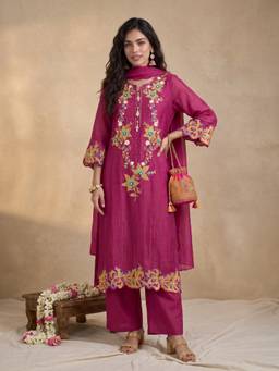 Gajra Gang - Women Pink Mul Chanderi Embroidered Straight Kurta and Pant With Dupatta
