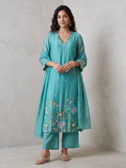 Gajra Gang - Women Light Blue Mul Chanderi Embroidered Straight Kurta and Pant With Dupatta